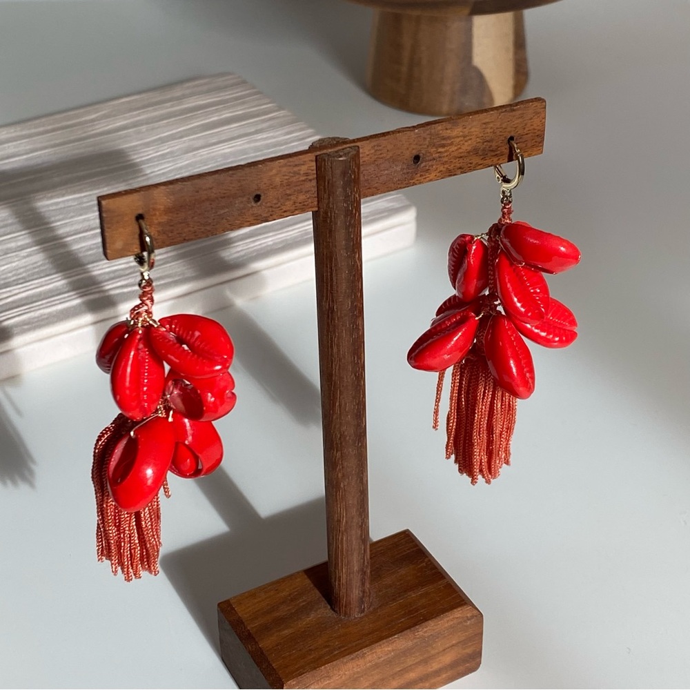 4/$15 Coral Red Seashell Tassels Dangling Drop Earrings